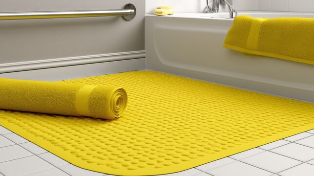 Yellow bath mat rolled beside bathtub, soft textured surface with matching towel on tub edge, clean tiled floor, bright minimalist interior, cozy wellness atmosphere perfect for relaxation and home