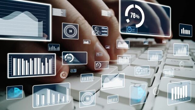 This image showcases a modern data analysis setup with hands on a keyboard, surrounded by graphical visualization elements representing statistics and analytics. Xenic