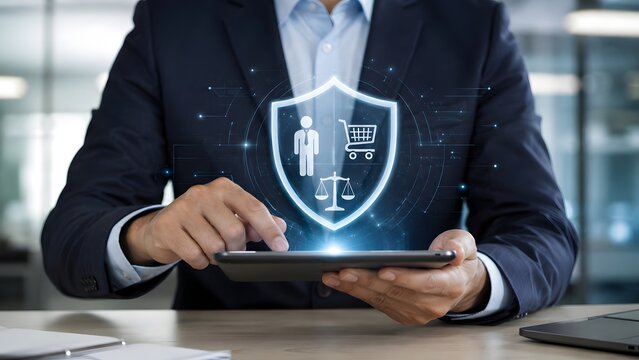 Consumer protection concept showing businessman using tablet with glowing shield hologram containing legal scales and shopping cart representing buyer rights.