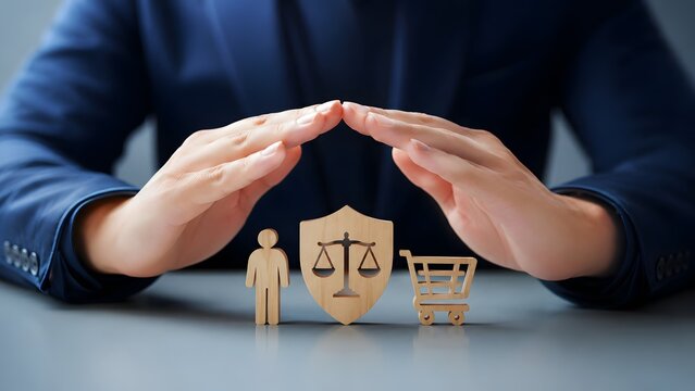 Hands protecting wooden consumer rights icons including legal scales and shopping cart representing buyer safety, retail law and secure commerce strategy.