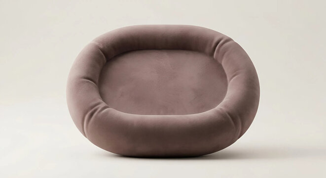 Minimalist 3D render of a dusty mauve round velvet cushion container or soft hollow pouf with smooth suede texture isolated on a light neutral background.