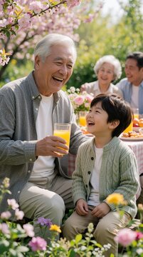 Grandfather and grandson share orange juice at outdoor family brunch in a sunny garden. Parents and grandmother sit at table amidst blooming flowers, enjoying spring togetherness and happy moments.