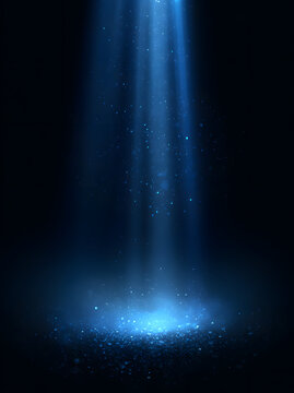 A vertical abstract background illuminated by a vibrant blue light ray, accompanied by a glowing spotlight and floating dust particles against a dark, deep black backdrop