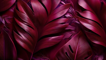 Fototapeta premium Layered Deep Burgundy Tropical Leaves On A Textured Background Embossed Botanical Composition Evoking A Luxurious Moody Elegant Atmosphere