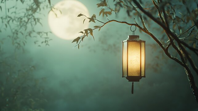 A ghostly lantern hanging from a tree branch, glowing softly in the light of the full moon.