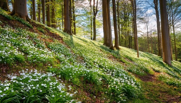 A Slope In A Forest In Swabian Alb Covered With Spring Snowflake Flowers