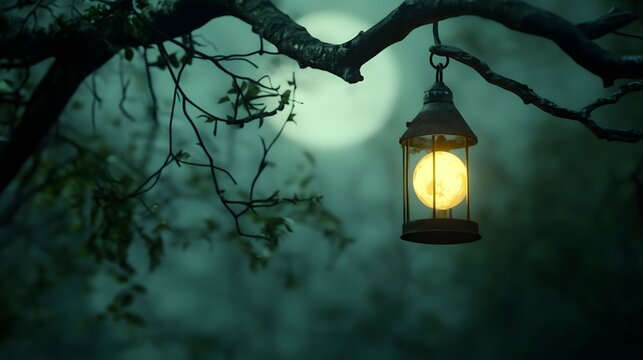 A ghostly lantern hanging from a tree branch, glowing softly in the light of the full moon.