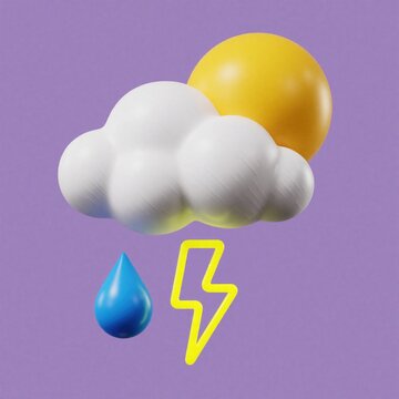 Yellow sun behind fluffy cloud with blue raindrop and lightning bolt. Mixed weather symbols on purple backdrop indicate changeable conditions, perfect for forecasting.