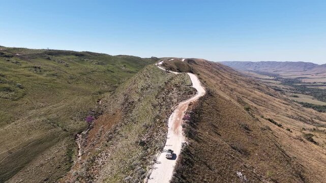 Aerial view of Caminho do C&eacute;u, a scenic road that follows the mountain ridge in the region of Delfin&oacute;polis, in Serra da Canastra, Minas Gerais, Brazil