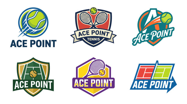 This vibrant collection of tennis logos features different designs with the text 'Ace Point' and tennis elements, showcasing a mix of styles aimed at sports branding.
