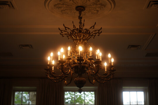 Elegant ornate chandelier illuminated in classic interior