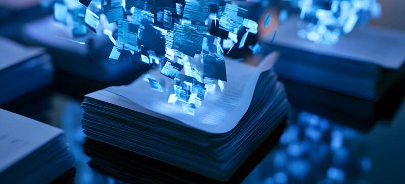 Physical paper records disappearing and evolving into flickering blue digital data files symbolizing digital transformation and a paper-free office