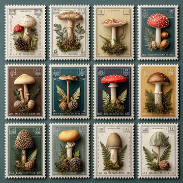 Vintage Mushroom Botanical Stamps Collection on Dark Textured Background, 딥 네이비 배경의 빈티지 버섯 식물학 우표 컬렉션