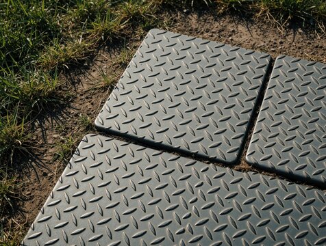 Diamond plate utility covers sit on ground near grass. Metal panels create textured surface for industrial or construction settings. These provide safety and cover access points below.