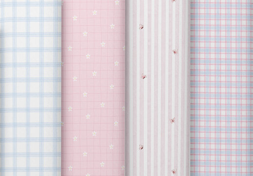 Editable seamless repeating watercolor pattern set with pastel hearts, butterflies, stripes and floral details for nursery, stationery, packaging, textile and feminine design
