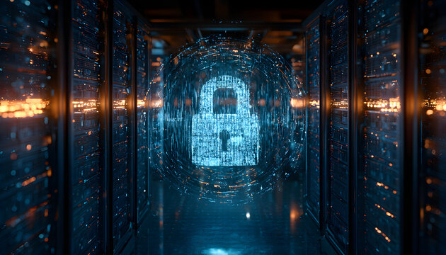 A luminous digital padlock hangs above server arrays in an underground data facility. This conceptual depiction, devoid of individuals, signifies cybersecurity, privacy, and premium safeguards for sen