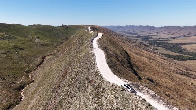 Aerial view of Caminho do C&eacute;u, a scenic road that follows the mountain ridge in the region of Delfin&oacute;polis, in Serra da Canastra, Minas Gerais, Brazil
