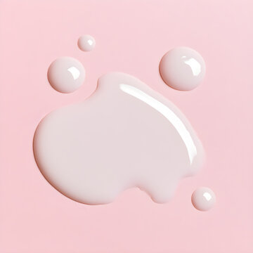 A top-down flat lay of a moisturizing milk essence toner puddle, set against a minimalistic cosmetic background, highlighting hydrating facial products with ceramide milk drops and a fluid texture