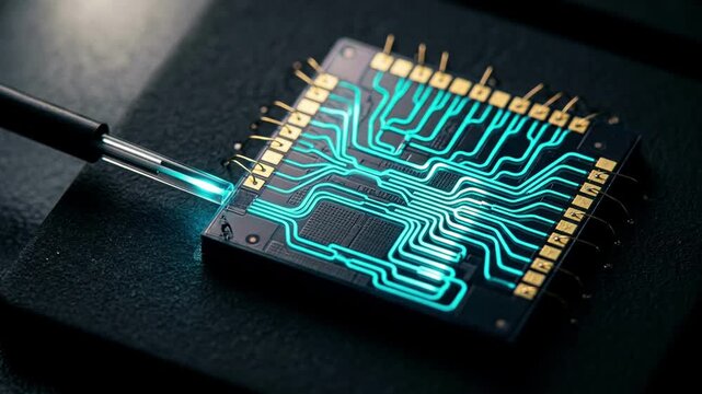 Silicon photonic chip with glowing optical waveguides and fibre