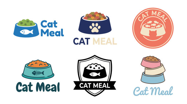 An appealing array of logos representing a brand for cat meals, featuring bowls, food, and designs that convey quality and warmth for feline nutrition.