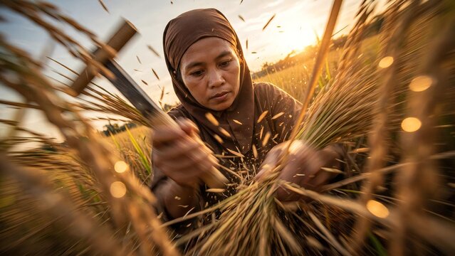 Asian female farmer harvesting rice Oryza sativa with a sickle in a Southeast Asian paddy field at sunset with dynamic motion blur and flying chaff