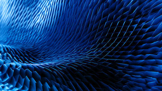 a 3D abstract blue wavy geometric design. Perfect for a modern tech backdrop, digital art cover, banner, graphic design, and UI wallpaper. High-resolution 3D rendering