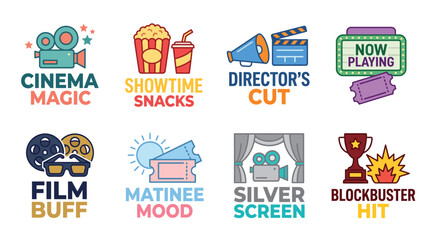 Naklejka premium This collection of cinematic-themed graphics spotlights vibrant movie-related designs perfect for film events, promotions, and modern aesthetic appeal, captivating audiences everywhere.