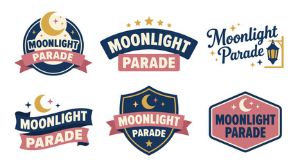 Naklejka premium A captivating collection of 'Moonlight Parade' logos showcases whimsical designs and starry elements, ideal for branding fun public events, festivals, and community gatherings.