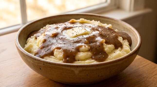 A hearty bowl of mashed potatoes generously topped with gravy and a pat of butter, seasoned with black pepper, is presented in a rustic ceramic bowl beside a window.