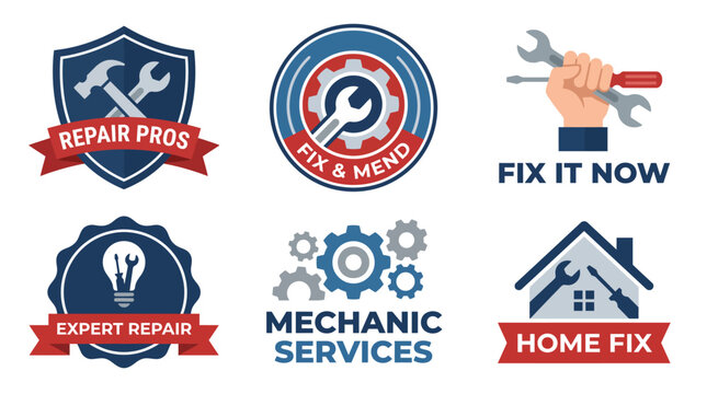 A diverse collection of logos and icons representing repair services, featuring various tools and geometric designs ideal for repair businesses and service providers.