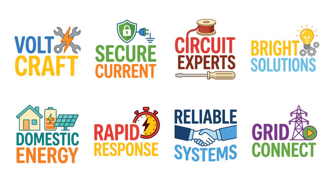 This vibrant collection of energetic icons illustrates various electrical services and solutions, capturing the essence of energy, security, and technological expertise in a modern style.