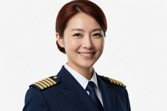 Confident female ship captain in blue uniform with gold epaulettes smiles at camera. Pro maritime officer wears formal navy suit with rank stripes. Successful woman works in nautical industry as