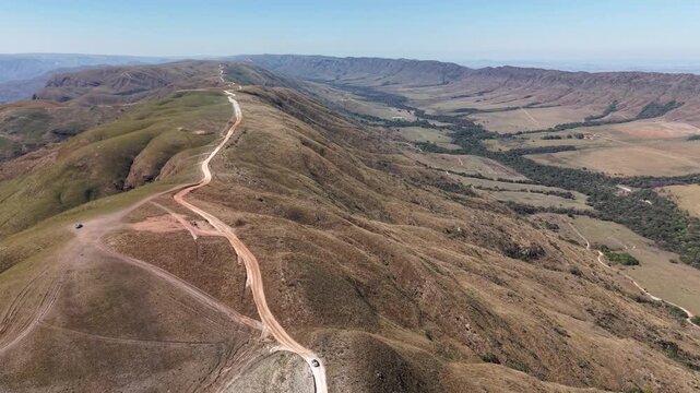 Aerial view of Caminho do C&eacute;u, a scenic road that follows the mountain ridge in the region of Delfin&oacute;polis, in Serra da Canastra, Minas Gerais, Brazil