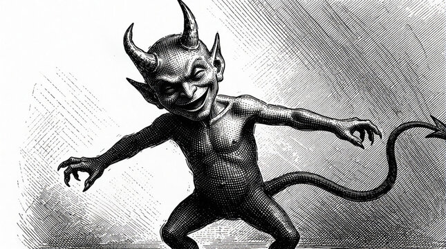 Hand drawn engraving of small devil creature with sharp horns, long tail. Mischievous imp dances with playful grin in vintage ink etching style. Demonic fantasy monster sketch for occult design