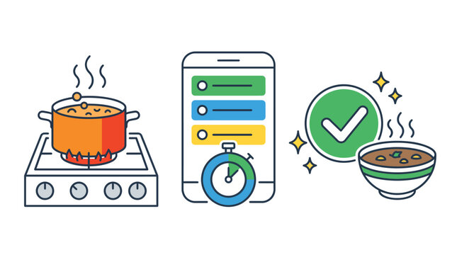 An illustrated sequence depicting cooking steps with a timer and completed dish; visually engaging for culinary instructions and timing in food preparation processes.