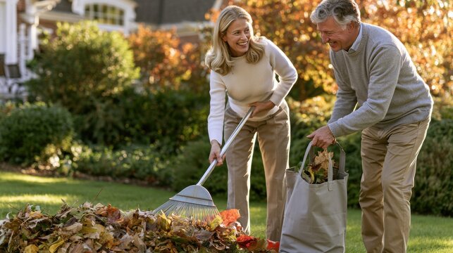 Older couple raking autumn leaves in garden, outdoor cleanup and seasonal yard maintenance for upscale residential landscaping service