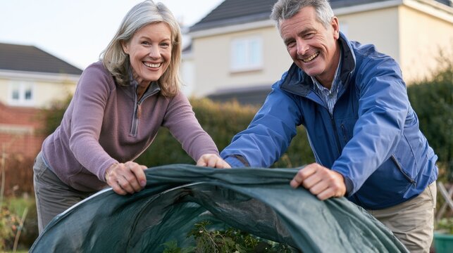 Smiling couple lifting protective netting over garden plants, home gardening and plant protection concept