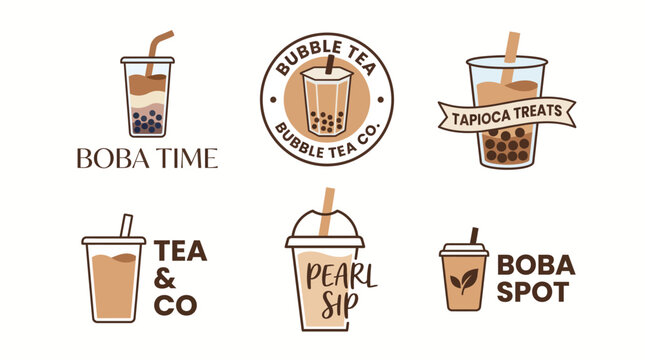 A chic assortment of bubble tea logos showcases various brand styles, perfect for tea shops and related businesses, highlighting the trendy beverage experience.