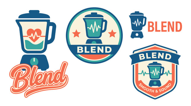 This collection features various colorful, playful logos centered around a blender, highlighting the brand 'Blend' and its dedication to health and nutrition.