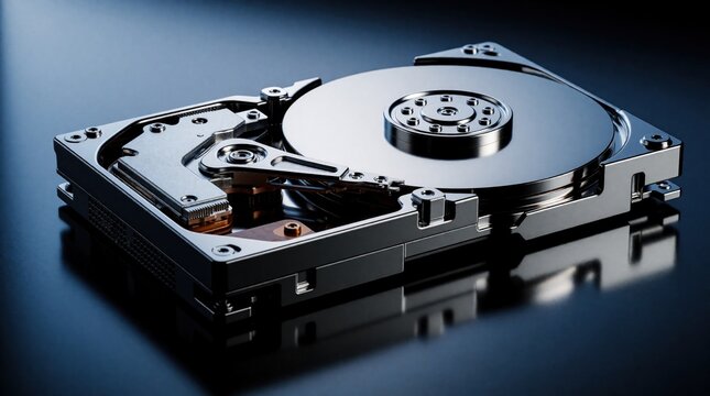 Close up of internal hard disk drive HDD component. Metallic platter, actuator arm show advanced computer hardware tech. Digital data storage device part for server PC. High tech electronic part for