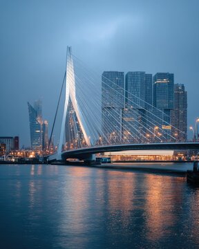 Erasmus Bridge and Rotterdam Skyline at Dusk