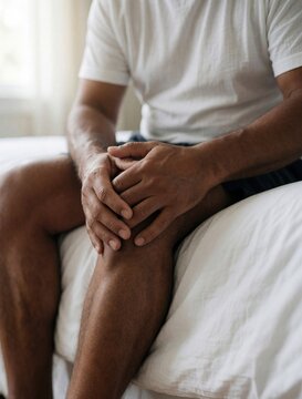 Adult man sits on bed holding painful knee. Close up of hands on leg showing joint discomfort. Man wears white shirt in soft daylight at home. Person suffers from leg injury muscle ache needing