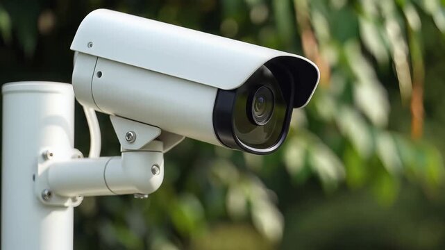 White outdoor security camera mounted on pole with blurred green foliage background surveillance