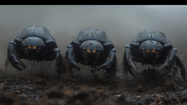 Three Scarab Beetles Emerging from Dark Soil with Glowing Eyes