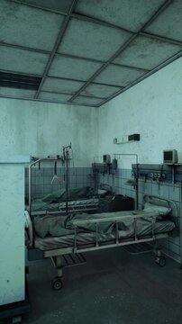 In a dimly lit room of an old hospital, empty hospital beds rest against the walls. Dust settles in the air, hinting at stories untold and memories left behind in this eerie space.