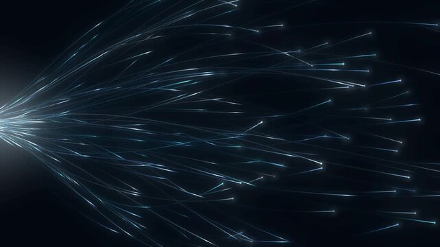 Fiber optic cable bundle splaying with glowing light pulses and lit fiber tips, telecom network background, seamless loop in bright cyan tones