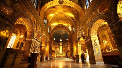 Naklejka premium A grand basilica with ornate frescoes and golden altars, offering a glimpse into historical religious art.