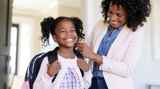 Mother adjusting backpack for smiling daughter at home doorway, back to school preparation and family morning routine