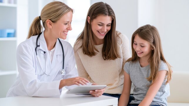 Pediatrician reviewing tablet with mother and daughter, family healthcare consultation and child wellness checkup