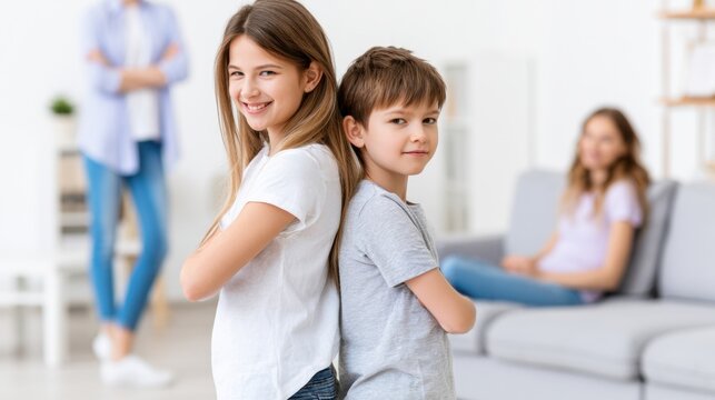Two siblings standing back to back in living room, family bonding and childhood relationship concept